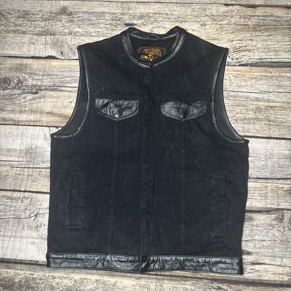 MILWAUKEE Performance Men's Large Black Denim Leather Trim Club Style Biker Vest
